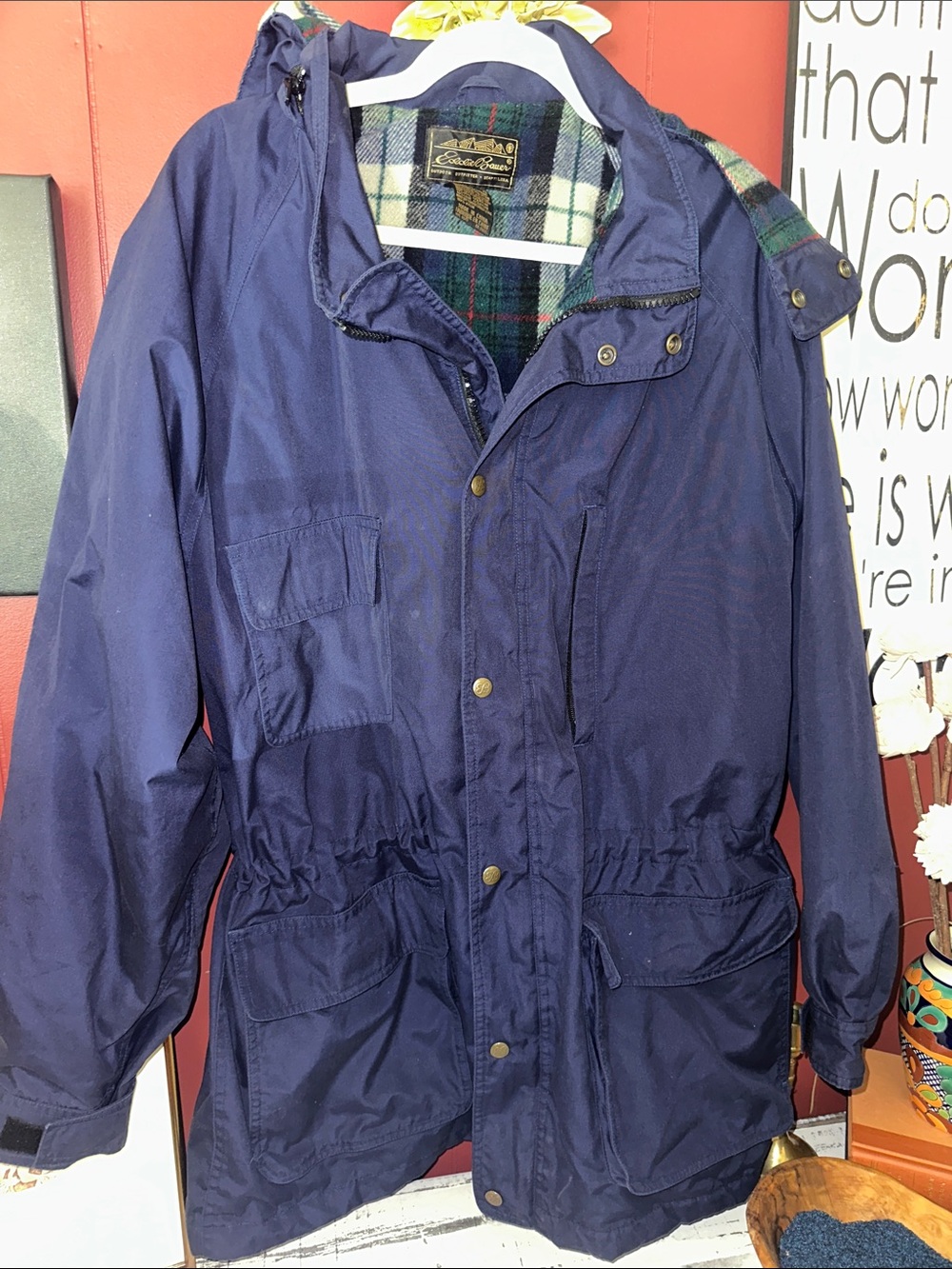 Eddie Bauer Navy Hooded Men's Raincoat with Plaid Lining